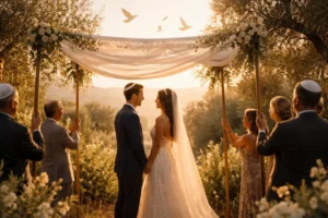 A man and woman standing beneath a Jewish wedding chuppah during a betrothal celebration, supported by four poles held by family members, with flowing fabric, warm sunlight, birds in the sky, and typical Jewish flora surrounding the scene