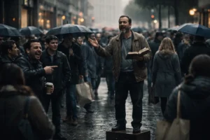 A lone street preacher standing on a small platform in a rainy shopping street, holding a Bible while modern shoppers mock him, turn away, or ignore his message, creating a tense scene of public rejection and social hostility.