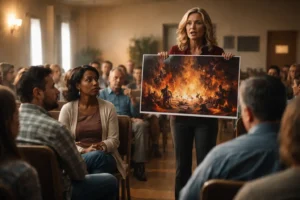 Wide-angle cinematic view of a church meeting where a speaker holds a pamphlet depicting hell and suffering while congregation members look doubtful and unconvinced