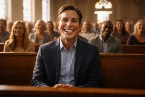 A wide-angle cinematic view inside a church showing a seated congregation of believers, with a man in the foreground displaying an unnaturally perfect, pasted-on smile, symbolizing mandatory smiling and smile-mask syndrome.