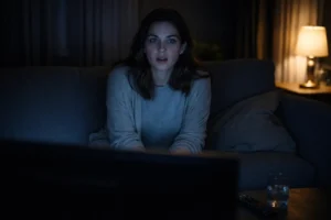 A young woman sitting on a couch in a dimly lit living room at night, watching television with a conflicted and absorbed expression, illuminated by the soft glow of the screen and a side lamp, creating a secretive and tense atmosphere.