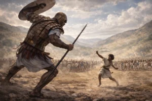 Wide-angle cinematic scene of the biblical battle between David and Goliath in the Valley of Elah, showing Goliath advancing with spear and shield while David prepares his sling, with opposing armies watching in the background.