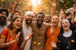 A joyful group of people from different ethnicities and religious backgrounds—Hindus, Muslims, Buddhists, Christians, Catholics, and atheists—celebrating together, smiling, shouting, and expressing unity and shared happiness.