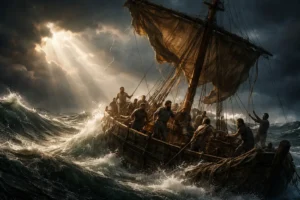 Ancient Roman sailing ship caught in violent storm at sea during Paul’s voyage in Acts 27, with crew struggling on high waves as sunrays break through dark clouds