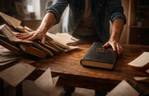 A modern man wipes theological books and loose documents off a wooden table while simultaneously placing a single Bible in the center, with papers falling and books sliding off the edge, captured in a cinematic moment of motion.