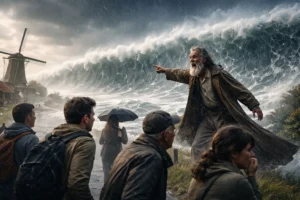 A modern prophet stands on a Dutch dyke during stormy weather, pointing behind him toward an approaching tsunami while warning pedestrians walking in the foreground, with a windmill and rising floodwaters in the background.