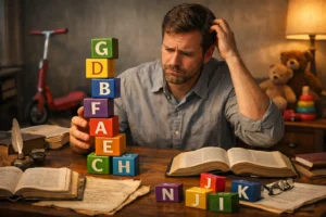 A theology student sits at a table struggling to stack colorful alphabet blocks in the wrong order, looking confused, while open Bibles, handwritten manuscripts, and children’s toys such as a scooter and teddy bears surround him in a study room.