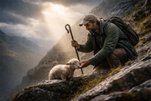 A modern shepherd in outdoor rain clothing gently reaches for a lost lamb stranded on a rocky mountain cliff, with light rain falling and a ray of sunlight breaking through dark clouds.