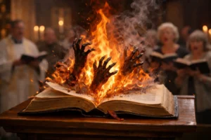 Close-up of an open Bible on a wooden pulpit with fire and dark hands rising from between the pages, while a church congregation sings hymns in the background.