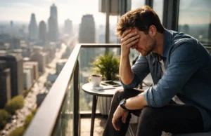 Cinematic scene of a man showing regret, sitting on a modern balcony overlooking a busy metropolitan city in daylight, leaning forward with his hand covering his face