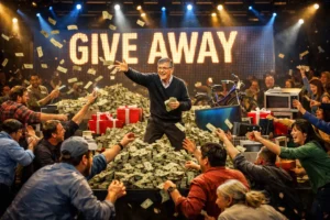 Bill Gates enthusiastically giving away money and gifts on a stage in a crowded congress hall as participants rush forward to receive cash and prizes