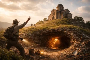 Wide-angle view of St. Gregorius Church on a hill in Jordan, with an archaeologist in the foreground discovering a cave beneath the church and enthusiastically signaling to colleagues in the distance.