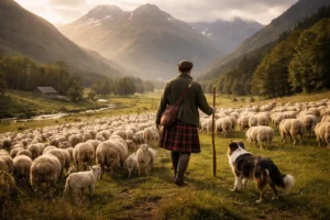 A Scottish shepherd in traditional clothing overseeing a large flock of sheep and lambs in a green mountain pasture, assisted by a shepherd dog, with mountains and a valley in the background