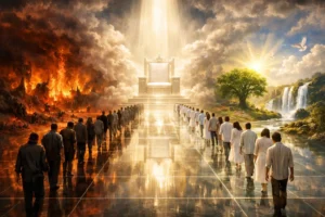 Cinematic depiction of the Great White Throne Judgment showing an empty throne above a glass floor, with two rows of people moving in opposite directions: one toward fiery destruction and despair, the other toward a bright paradise with trees, waterfalls, birds, and sunlight.