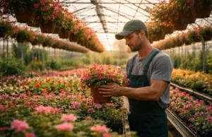 A production worker in horticulture carefully inspecting flowering plants inside a greenhouse during warm evening light