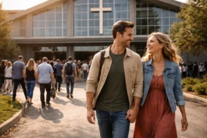 Modern man and woman walking away joyfully from a large evangelical megachurch while other people enter the building, symbolizing freedom from religious pressure and spiritual burnout