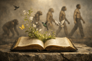 An open Bible resting on a stone foundation, illuminated by warm light, with plants, flowers, butterflies, and birds emerging from its pages, symbolizing life flowing from Genesis, while a blurred evolutionary progression from ape to modern human appears in the background, expressing the tension between biblical history and modern evolutionary thought.