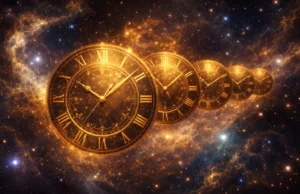 Wide cinematic view of five golden clocks aligned in a row, each slightly smaller and farther away, floating through a universe filled with stars and galaxies, symbolising the passage of time