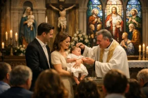 Wide-angle realistic scene inside a Catholic church during a baby water baptism, showing a priest near the altar sprinkling water on a baby held by its parents, with a seated congregation, crucifix, statues of Mary, stained glass windows, and biblical imagery in the background.