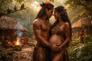 Wide-angle realistic scene of an Amazon tribe village showing a male and female together, surrounded by daily life activities, animals in the trees and forest floor, reflecting masculinity, femininity and the creation of new life