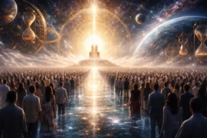 A vast multitude of people from every nation standing on a transparent sea of glass before a distant great white throne, with planets and symbolic time mechanisms in the cosmic background representing human lives and deeds awaiting judgment.
