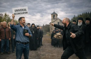 Wide-angle scene showing a calm believer holding a Bible and a sign reading “Universal Reconciliation” facing an angry religious opponent, with supportive believers on one side and traditional church figures, an old church building, and religious manuscripts on the other.