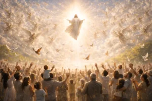 Christ Jesus ascending in radiant divine light above a large crowd of people reaching upward, with clouds and a vast heavenly host surrounding Him in the sky