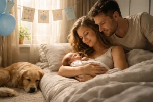 Close-up of a newborn baby sleeping in his mother’s arms on a bed, with the father looking at their son, sunlight through linen curtains, blue balloons and congratulation cards in a modern bedroom, and a dog resting on the floor nearby.