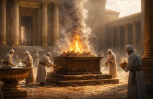 Wide cinematic view of Solomon’s Temple court showing Levitical priests performing sacred duties around a burning altar, with smoke rising toward heaven and the temple doors visible in a reverent Old Testament setting