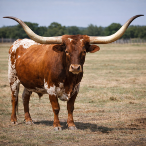 Texas Longhorn cattle standing in a grassy field, showing large curved horns and a brown and white coat