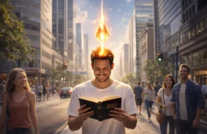A joyful man walking through a modern city street while reading the Bible, receiving a flame from the open sky symbolizing spiritual baptism, as surrounding people notice his gratitude and joy.