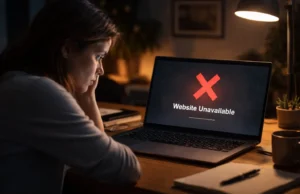 Ultra realistic image of a woman looking at her computer screen showing a large red cross indicating that the website is unavailable