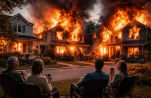 Wide cinematic view of a residential street where three houses are engulfed in flames while neighboring families sit calmly in their front yards drinking coffee, watching the fire as people cry for help from the burning homes, with no firefighters or rescue in sight.