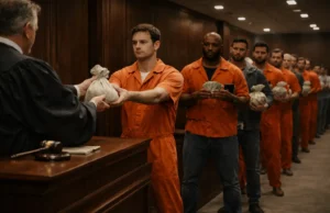 Wide-angle view of a modern courtroom where a line of offenders hands bags of cash and money to a judge, symbolizing bribery, payment for atonement, and hierarchical justice