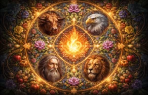 Highly realistic symbolic mandala with a bright whirling flame at the center, surrounded by botanical life and four symbolic figures: the head of an ox, an eagle, a lion, and a man, arranged in a circular, cinematic composition