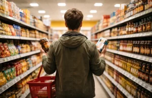 Cinematic image of a person standing in a modern supermarket aisle, holding two products while hesitating between choices, symbolizing doubt and free will.