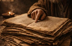 Close-up of a finger tracing Greek text on stacked ancient manuscripts in a prison cell, symbolizing Apostle Paul assembling the biblical canon before the era of printed books