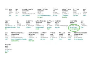 Interlinear Greek New Testament text of Matthew 28:9 showing the word “χαίρετε” (chairete), meaning “Rejoice,” highlighted as the first recorded words spoken by the resurrected Christ to the women.