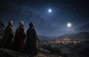 Cinematic night scene of three Magi near Bethlehem around 2 B.C., observing a rare conjunction of Jupiter and Venus appearing as a single bright star in the night sky, with the constellation Leo faintly visible and Bethlehem illuminated below by moonlight.