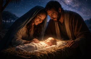 Cinematic nighttime scene of the birth of Jesus as a baby lying in a manger, with Mary and Joseph surrounding Him under a star-filled sky and the Milky Way galaxy, calm and reverent atmosphere