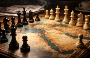 Close-up cinematic scene of a modern chessboard designed as a Middle East map with black and white chess pieces opposing each other, newspapers blurred in the background.