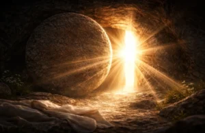 Stone rolled away from the empty tomb of Jesus as bright light shines out, with linen cloths on the ground in a rocky cave setting