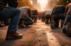 Multiple people with one knee bent in an urban city street, focusing on bended knees as a symbolic moment of submission and fulfillment of Philippians 2:11 every knee will bow