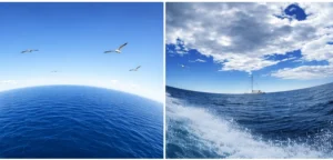 Side-by-side comparison image illustrating Genesis 1 “in the midst of the waters”: left a familiar convex ocean horizon, right a concave earth ocean horizon representing the biblical heaven-in-the-midst worldview.