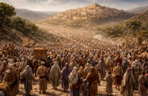 Hyper-realistic scene of tens of thousands of Israelites returning to Jerusalem after the Babylonian exile following the decree of King Cyrus, with men, women and children traveling in a large caravan through a desert valley toward the city, based on Ezra 1:1-4
