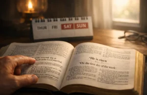 Open Bible showing seventh-day Sabbath in Old Testament and first-day resurrection on Sunday, with calendar indicating Thursday to Sunday for biblical comparison