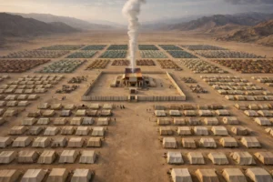 Hyper-realistic horizontal image of the Twelve Tribes of Israel encamped in a symmetrical desert formation around the central Tabernacle housing the Ark of the Covenant, with the Levites nearest the sanctuary and the other tribes arranged farther out in ordered concentric squares.